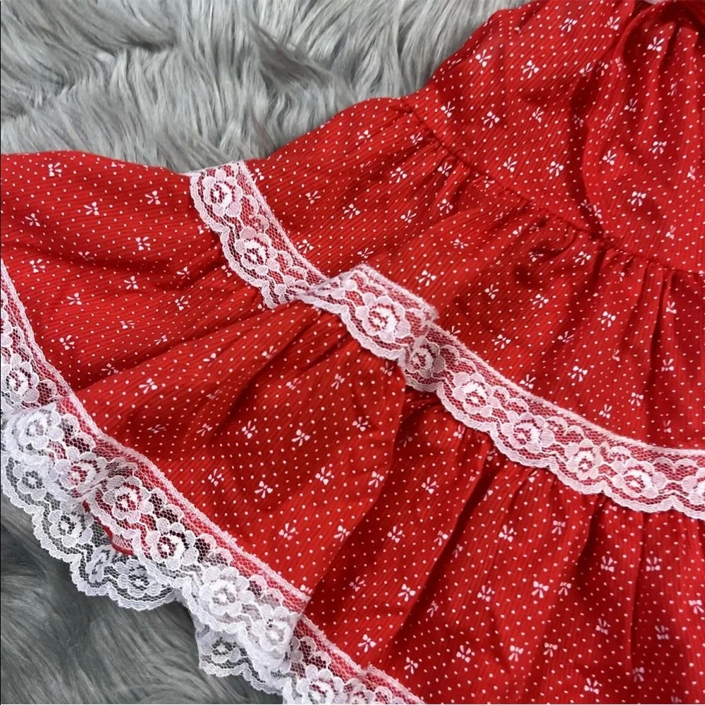 Vintage Baby Girls Red White Floral Lace Ruffle Shoulder Tie Sun Dress